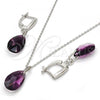 Sterling Silver Earring and Pendant Adult Set, Teardrop Design, with Amethyst Swarovski Crystals, Polished, Rhodium Finish, 10.281.0023