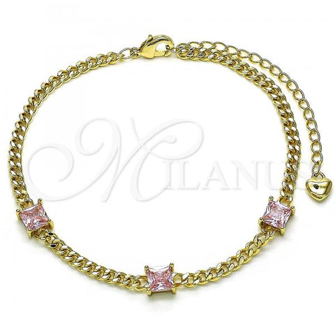 Oro Laminado Fancy Bracelet, Gold Filled Style Miami Cuban Design, with Pink Cubic Zirconia, Polished, Golden Finish, 03.213.0163.5.07