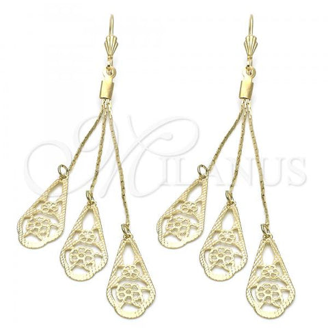 Oro Laminado Long Earring, Gold Filled Style Flower Design, with White Cubic Zirconia, Diamond Cutting Finish, Golden Finish, 5.097.006