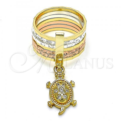 Oro Laminado Multi Stone Ring, Gold Filled Style Semanario and Turtle Design, with White Cubic Zirconia, Diamond Cutting Finish, Tricolor, 01.253.0031.06 (Size 6)
