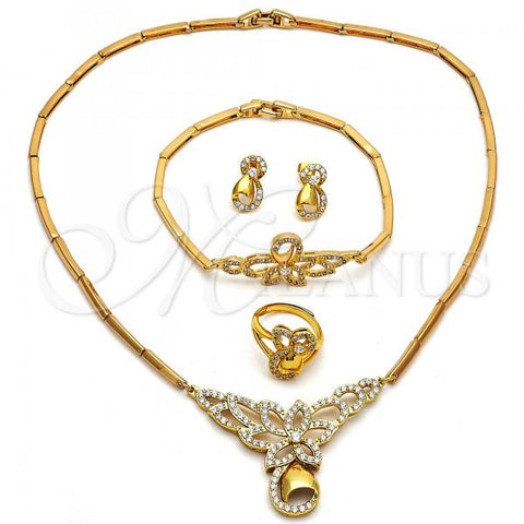 Oro Laminado Necklace, Bracelet, Earring and Ring, Gold Filled Style Flower and Teardrop Design, with White Micro Pave, Polished, Golden Finish, 06.118.0004