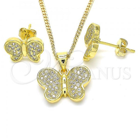 Oro Laminado Earring and Pendant Adult Set, Gold Filled Style Butterfly Design, with White Micro Pave, Polished, Golden Finish, 10.199.0132