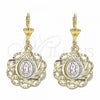 Oro Laminado Dangle Earring, Gold Filled Style Flower and Guadalupe Design, Polished, Tricolor, 02.351.0034
