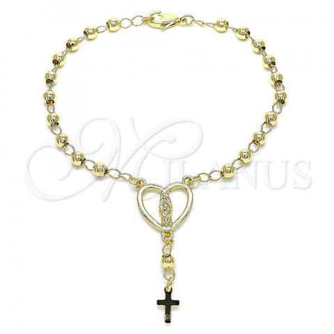 Oro Laminado Bracelet Rosary, Gold Filled Style Guadalupe and Cross Design, Polished, Golden Finish, 09.213.0031.08