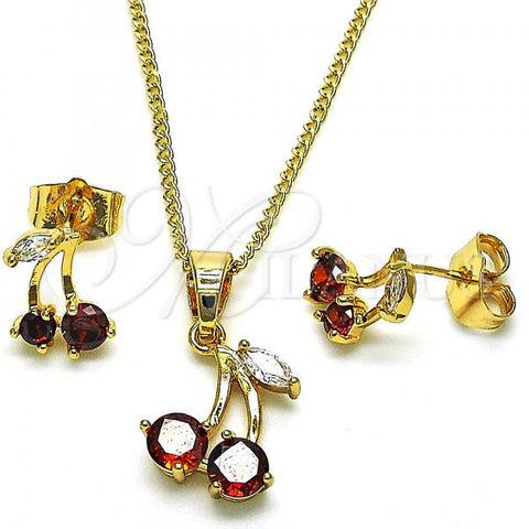 Oro Laminado Earring and Pendant Adult Set, Gold Filled Style Cherry Design, with Garnet and White Cubic Zirconia, Polished, Golden Finish, 10.387.0002
