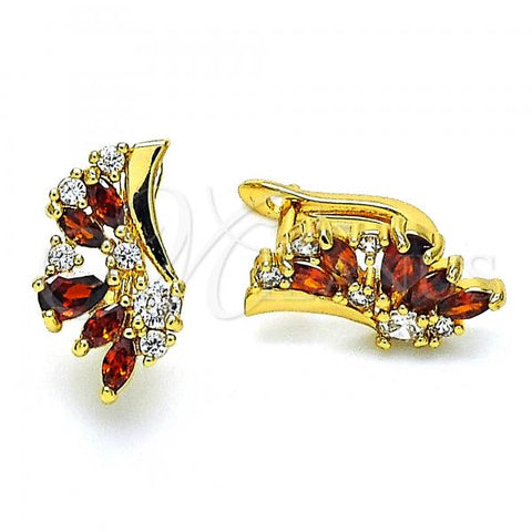 Oro Laminado Huggie Hoop, Gold Filled Style Wings and Teardrop Design, with Garnet and White Cubic Zirconia, Polished, Golden Finish, 02.210.0717.1.10