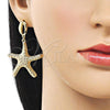 Oro Laminado Dangle Earring, Gold Filled Style Shell and Star Design, Diamond Cutting Finish, Golden Finish, 02.163.0390