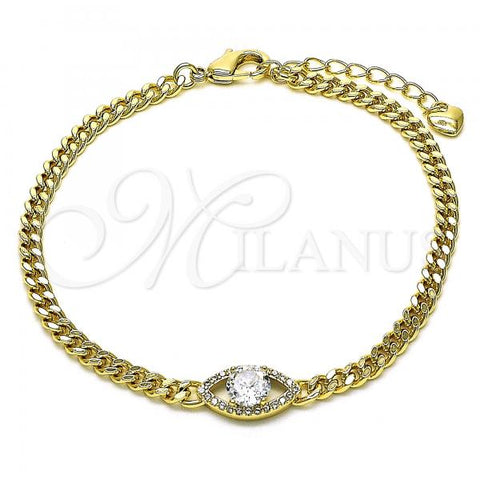 Oro Laminado Fancy Bracelet, Gold Filled Style Evil Eye and Miami Cuban Design, with White Cubic Zirconia and White Micro Pave, Polished, Golden Finish, 03.213.0143.07