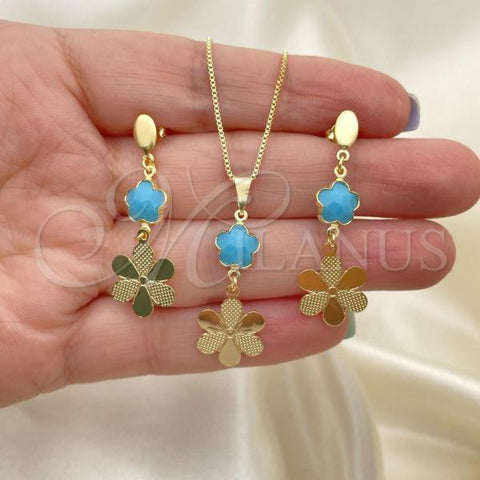 Oro Laminado Earring and Pendant Adult Set, Gold Filled Style Flower and Box Design, with Aquamarine Opal, Resin Finish, Golden Finish, 10.58.0026.1