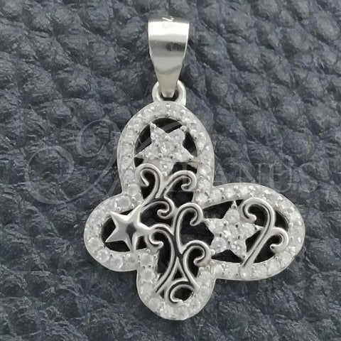 Sterling Silver Fancy Pendant, Butterfly Design, with White Cubic Zirconia, Polished, Rhodium Finish, 05.398.0004