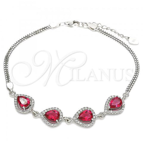 Sterling Silver Fancy Bracelet, Teardrop Design, with Ruby Cubic Zirconia and White Crystal, Polished, Rhodium Finish, 03.286.0018.3.07