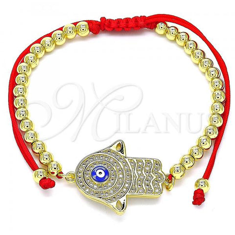 Oro Laminado Adjustable Bolo Bracelet, Gold Filled Style Hand of God and Ball Design, with White Micro Pave, Blue Enamel Finish, Golden Finish, 03.341.0101.11