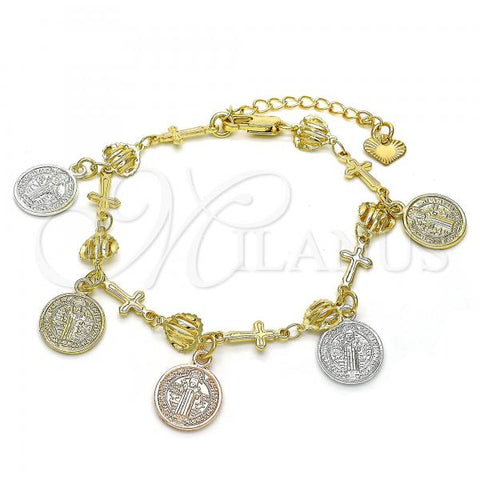 Oro Laminado Charm Bracelet, Gold Filled Style San Benito Design, Polished, Tricolor, 03.351.0031.07