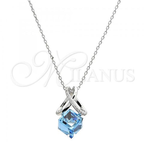 Rhodium Plated Pendant Necklace, Rolo Design, with Aquamarine Swarovski Crystals and White Micro Pave, Polished, Rhodium Finish, 04.239.0023.16