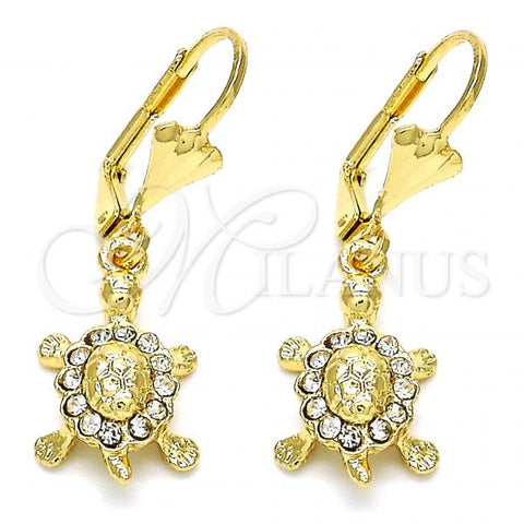 Oro Laminado Dangle Earring, Gold Filled Style Turtle Design, with White Crystal, Polished, Golden Finish, 02.351.0007