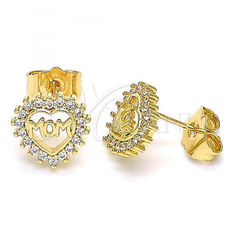 Oro Laminado Stud Earring, Gold Filled Style Mom and Heart Design, with White Micro Pave, Polished, Golden Finish, 02.156.0627