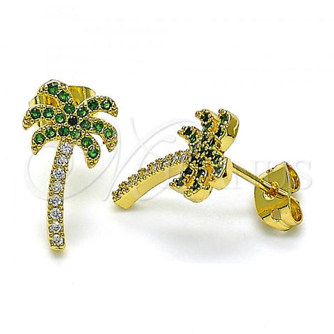Oro Laminado Stud Earring, Gold Filled Style Tree Design, with Green and White Micro Pave, Polished, Golden Finish, 02.341.0026