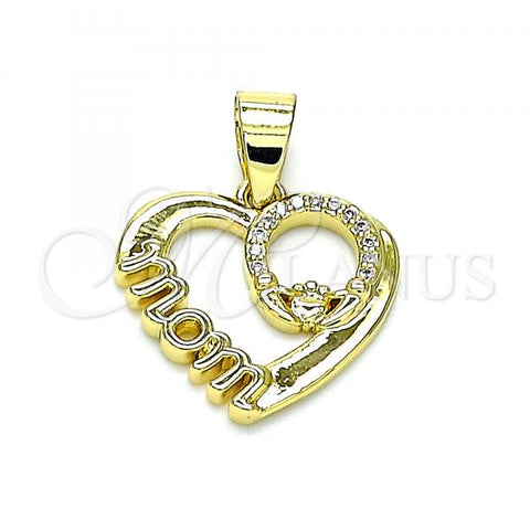 Oro Laminado Fancy Pendant, Gold Filled Style Mom and Heart Design, with White Micro Pave, Polished, Golden Finish, 05.102.0021