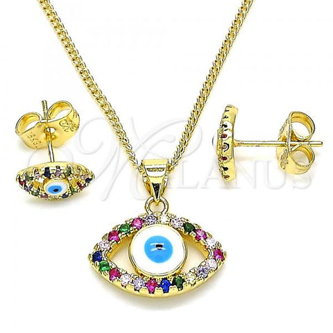 Oro Laminado Earring and Pendant Adult Set, Gold Filled Style Evil Eye Design, with Multicolor Micro Pave, White Enamel Finish, Golden Finish, 10.156.0385.1
