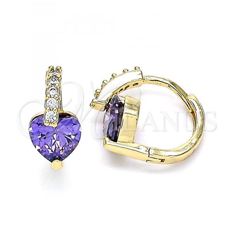 Oro Laminado Huggie Hoop, Gold Filled Style Heart Design, with Amethyst and White Cubic Zirconia, Polished, Golden Finish, 02.210.0652.3.15