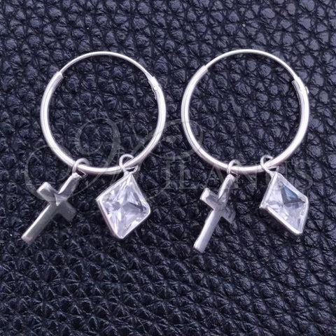 Sterling Silver Small Hoop, Cross Design, with White Cubic Zirconia, Polished, Silver Finish, 02.402.0029.15