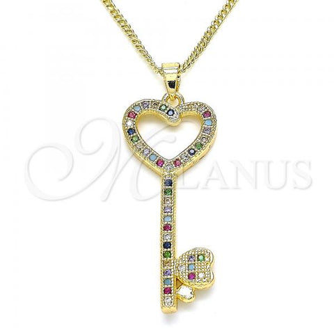 Oro Laminado Pendant Necklace, Gold Filled Style key and Heart Design, with Multicolor Micro Pave, Polished, Golden Finish, 04.344.0004.2.20