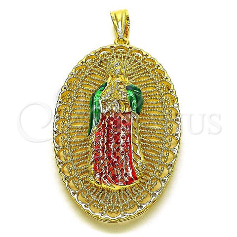 Oro Laminado Religious Pendant, Gold Filled Style Guadalupe Design, Diamond Cutting Finish, Tricolor, 05.411.0009.1