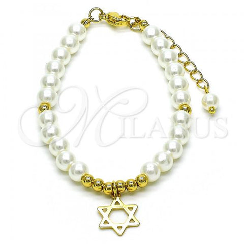 Oro Laminado Fancy Bracelet, Gold Filled Style Star of David and Ball Design, with Ivory Pearl, Polished, Golden Finish, 03.405.0020.07