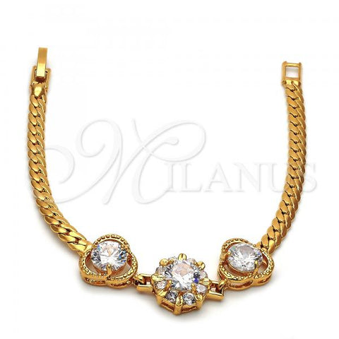 Oro Laminado Fancy Bracelet, Gold Filled Style Flower and Cluster Design, with White Cubic Zirconia, Diamond Cutting Finish, Golden Finish, 028.008.2