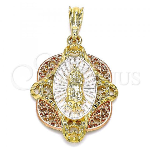 Oro Laminado Religious Pendant, Gold Filled Style Guadalupe Design, Polished, Tricolor, 05.380.0046