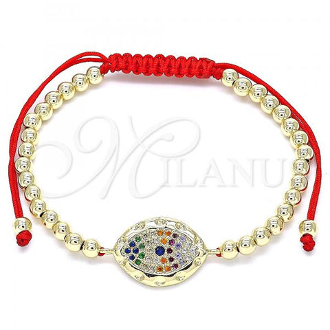 Oro Laminado Adjustable Bolo Bracelet, Gold Filled Style Evil Eye and Ball Design, with Multicolor Micro Pave, Polished, Golden Finish, 03.299.0064.11