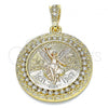 Oro Laminado Religious Pendant, Gold Filled Style Centenario Coin and Angel Design, with White Crystal, Polished, Tricolor, 05.351.0155