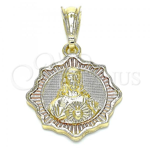 Oro Laminado Religious Pendant, Gold Filled Style Sagrado Corazon de Jesus Design, Polished, Tricolor, 05.351.0177.1