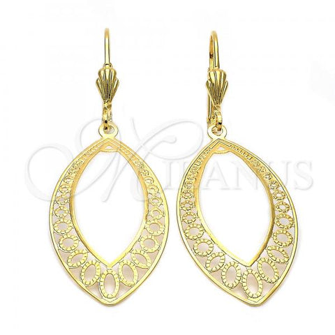 Oro Laminado Long Earring, Gold Filled Style Filigree and Teardrop Design, Diamond Cutting Finish, Golden Finish, 5.074.006