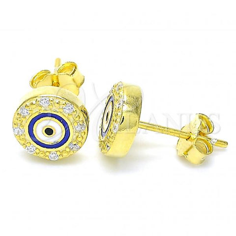 Sterling Silver Stud Earring, Evil Eye Design, with White Micro Pave, Blue Enamel Finish, Golden Finish, 02.336.0151.2