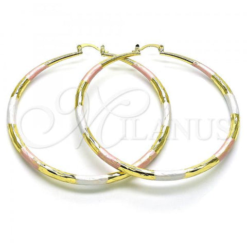 Oro Laminado Extra Large Hoop, Gold Filled Style Hollow Design, Diamond Cutting Finish, Tricolor, 02.213.0441.1.70
