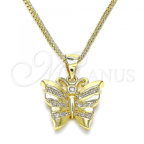 Oro Laminado Pendant Necklace, Gold Filled Style Butterfly Design, with White Cubic Zirconia and White Micro Pave, Polished, Golden Finish, 04.156.0452.20