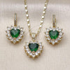 Oro Laminado Earring and Pendant Adult Set, Gold Filled Style Heart and Cluster Design, with Green and White Cubic Zirconia, Polished, Golden Finish, 10.196.0192