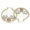Oro Laminado Medium Hoop, Gold Filled Style Flower and Elephant Design, Diamond Cutting Finish, Tricolor, 02.351.0105.35