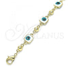 Oro Laminado Fancy Anklet, Gold Filled Style Evil Eye Design, White Enamel Finish, Golden Finish, 03.213.0097.10