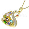 Oro Laminado Pendant Necklace, Gold Filled Style Swan Design, with Multicolor Cubic Zirconia and White Micro Pave, Polished, Golden Finish, 04.283.0015.20
