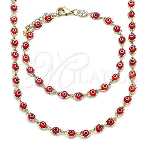 Oro Laminado Necklace and Bracelet, Gold Filled Style Evil Eye Design, Red Resin Finish, Golden Finish, 06.63.0255.3