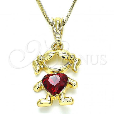Oro Laminado Pendant Necklace, Gold Filled Style Little Girl and Heart Design, with Garnet Crystal, Polished, Golden Finish, 04.380.0007.20