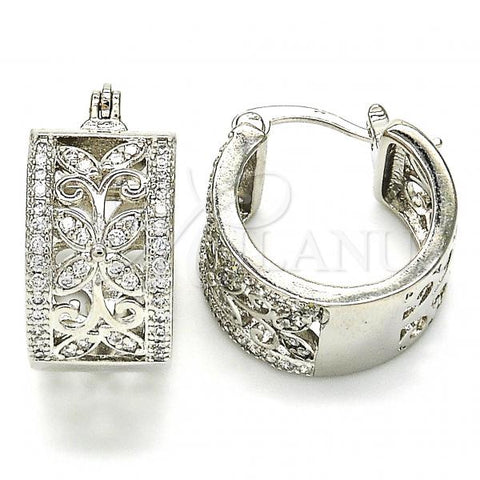 Rhodium Plated Small Hoop, Flower and Leaf Design, with White Cubic Zirconia, Polished, Rhodium Finish, 02.210.0293.7.20