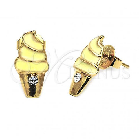 Oro Laminado Stud Earring, Gold Filled Style Ice Cream Design, with White Crystal, Yellow Enamel Finish, Golden Finish, 02.64.0310 *PROMO*