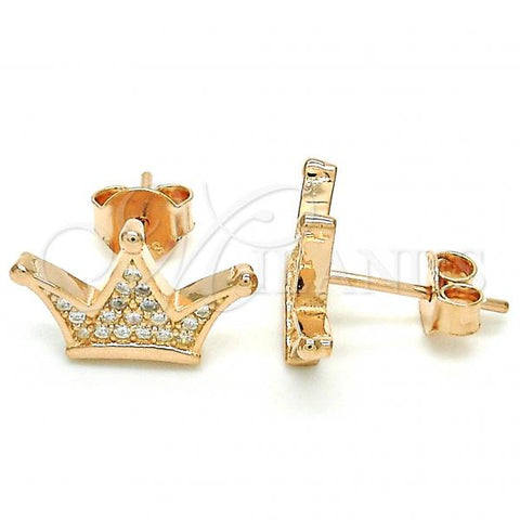 Sterling Silver Stud Earring, Crown Design, with White Micro Pave, Polished, Rose Gold Finish, 02.336.0110.1