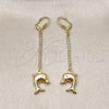 Oro Laminado Long Earring, Gold Filled Style Dolphin Design, with Cubic Zirconia, Golden Finish, 5.100.014