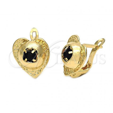 Oro Laminado Leverback Earring, Gold Filled Style Heart Design, with Black Cubic Zirconia, Diamond Cutting Finish, Golden Finish, 5.127.052