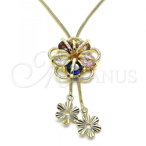 Oro Laminado Fancy Necklace, Gold Filled Style Flower Design, with Multicolor Cubic Zirconia, Polished, Golden Finish, 04.347.0011.20