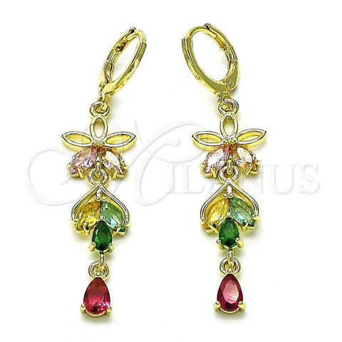 Oro Laminado Long Earring, Gold Filled Style Flower Design, with Multicolor Cubic Zirconia, Polished, Golden Finish, 02.196.0100